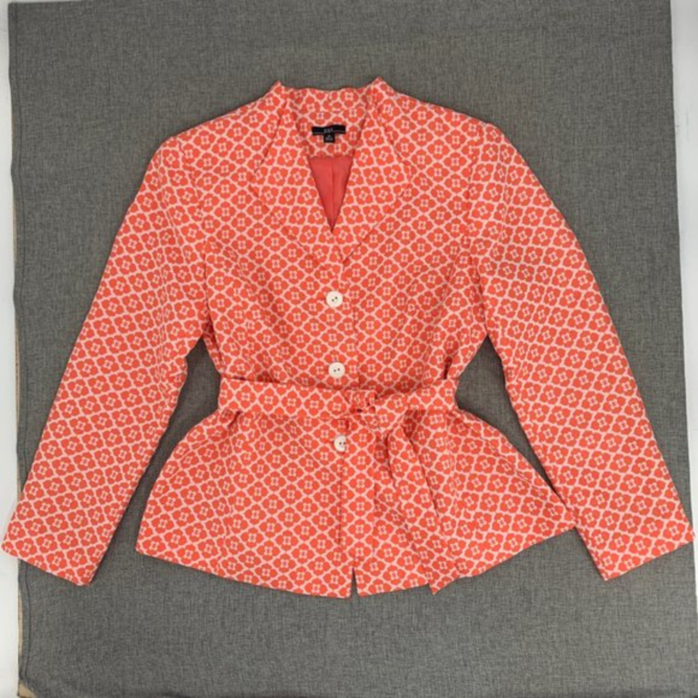 R&K button Down‎ Belt Jacket Coral 7 White Size 16 Polyester Lined Long Sleeve